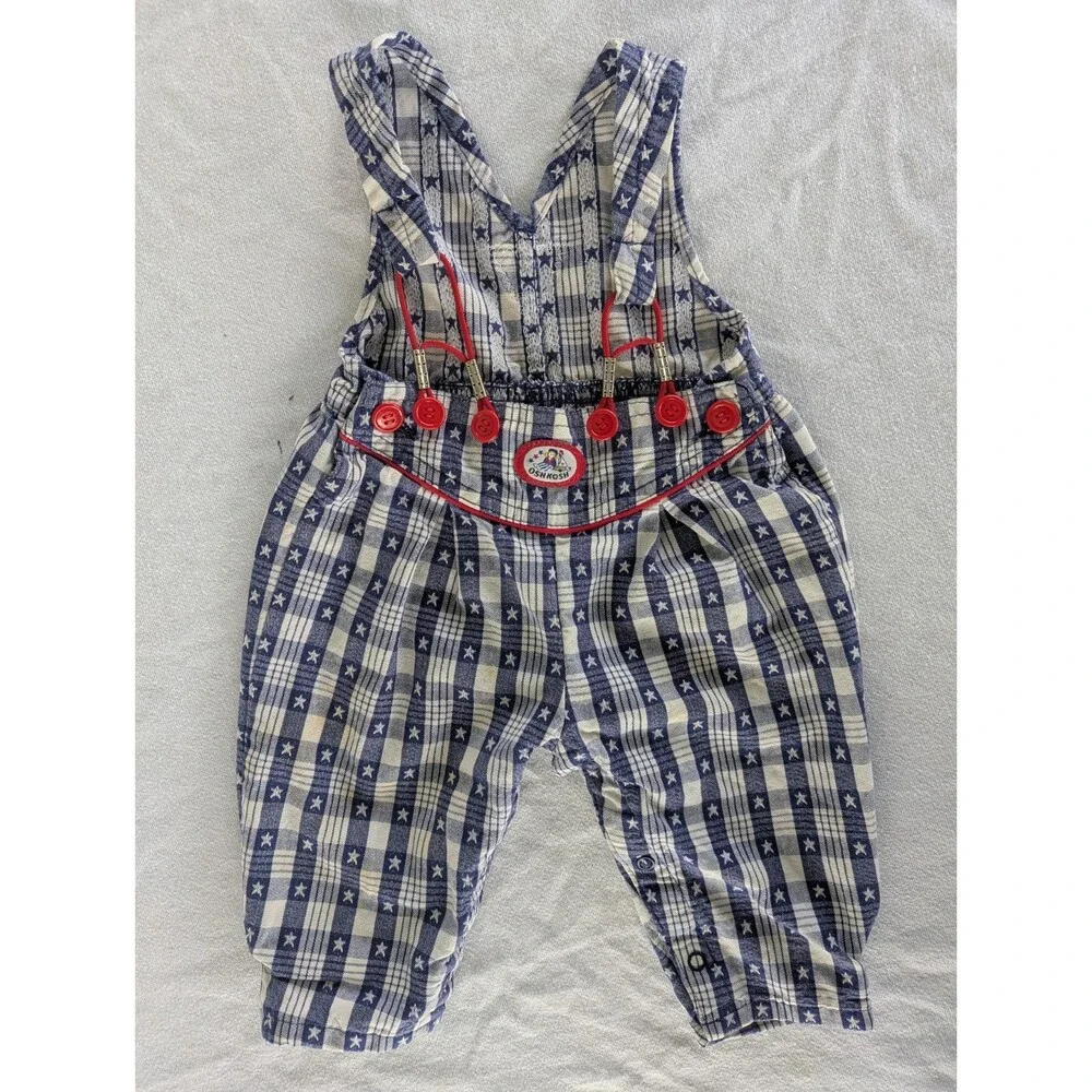 Vtg 3-6 MO Oshkosh B’Gosh Blue Plaid Star Overalls Vestbak USA Patriotic Cotton